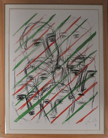 SANDRO CHIA, Figure tricolori, 1989, Litografia a colori, cm. 70×50, es....