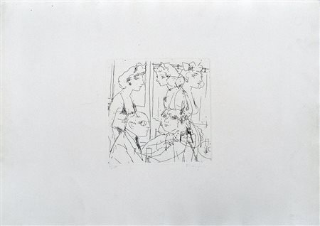 ALBERTO MANFREDI, Figure in un interno, Acquaforte, cm. 22×22, su carta cm....