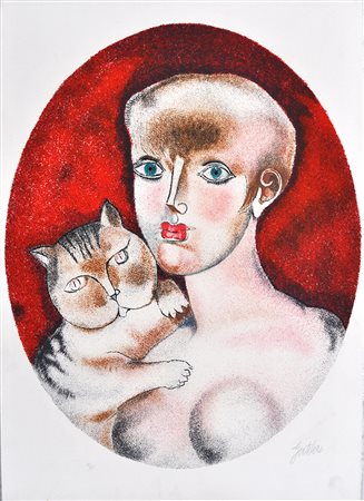FRANCO GENTILINI, Ragazza con gatto, Litografia a colori, cm. 76×53, es....