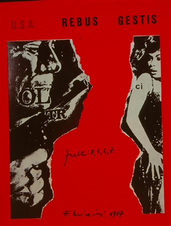 EUGENIO MICCINI, U.S.A. Rebus gestis, 1967, Collage su cartoncino, cm 32x25,...
