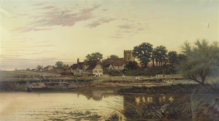 Pittore del XIX secolo "Paesaggio inglese con fiume" cm. 61x108 - olio su tela