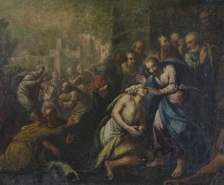Maestro veneto del XVII secolo "Gesù guarisce il cieco" cm. 72x88 - olio su...