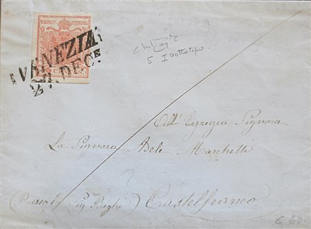 Lombardo Veneto 1850- num. 5 su busta, primo sottotipo, firma Raybaudi Prezzo...