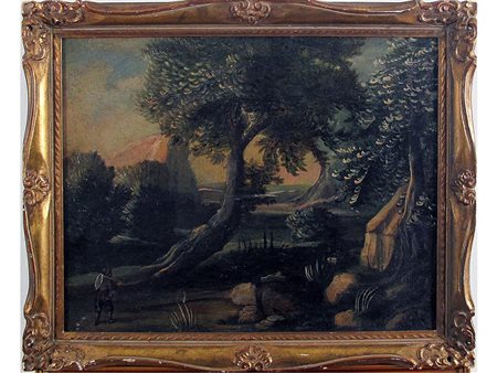 Anonimo (XVIII secolo) Paesaggio con viandante 40x50 cm Olio su tela...