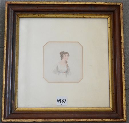 Ignoto del secolo XIX, "Ritratto di gentildonna" acquarello (cm 9x9) in...