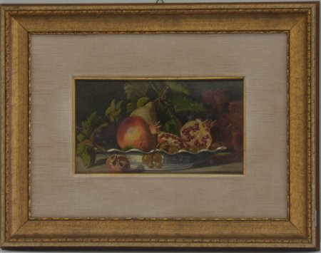 Maestro del XIX secolo "Vaso con frutta" olio su tavola (cm 13x26) Siglato e...