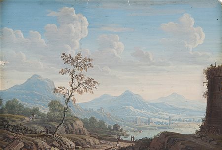 Giacomo Van Lindt (Roma 1723 - 1790)(attr.)PaesaggioTempera su carta mm...