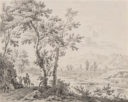 Jan Van Huysum (Amsterdam 1682 - 1749)(attr.)Paesaggio fluvialePenna,...