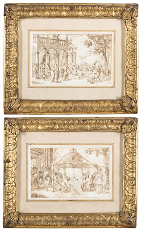 Scuola del secolo XVIIDue disegni raffiguranti "Incontro a palazzo" e "Scena...