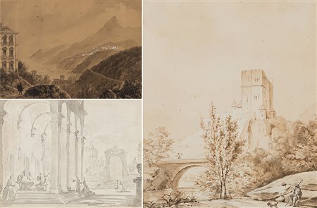 Lotto composto da tre disegni: due del secolo XIX raffiguranti "Paesaggi" e...