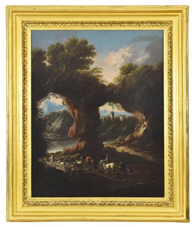 Roos Johann Melchior Paesaggio con archi naturali, pastori, armenti e rovine...
