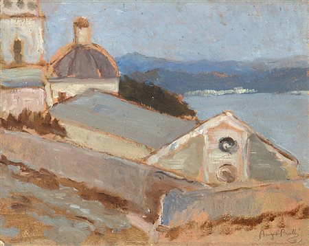 Angelo Balbi (Genova 1872 - 1939)"Scorcio di Portovenere"olio su cartone (cm...