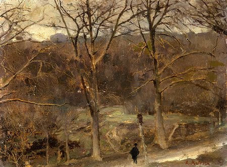 Attilio Pratella (Lugo 1856 - Napoli 1949)"Paesaggio con alberi e figure"...
