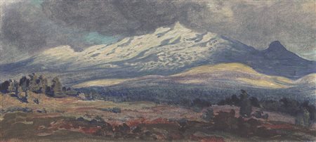 Hugo Grimm Paesaggio alpino tirolese con nuvole;Gouache, 8,8 x 19,5 cm