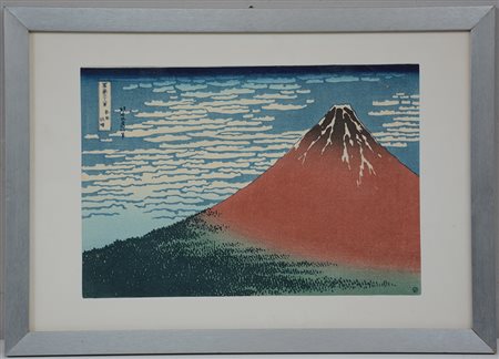 Xilografia a colori raffigurante monte Fuji con calligrafia, in cornice...