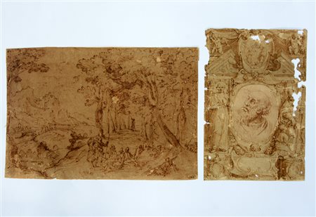 Gruppo di due disegni:Artista del secolo XVII, "Studio di architettura" penna...