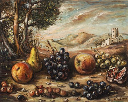Giorgio de Chirico (Volos 1888 - Roma 1978)"Frutta nel paesaggio" metà anni...