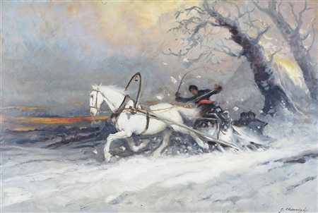 Giuseppe Chiacigh Wladikawkaz 1895-Trieste 1967 "Cavalli e slitta nella neve"...