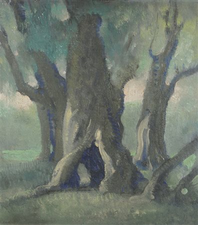 Edgardo Sambo Trieste 1882-1966 "Alberi nel bosco" cm. 55x50 - olio su tavola...