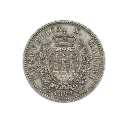 SAN MARINORepubblica. 5 lire 1898. Pag. 357. AG. Raro. Segnetti al R/. SPL.