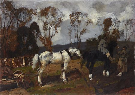 Alessio Issupoff (Vjatka 1889 - Roma 1957)"Cavalli e contadini"olio su...