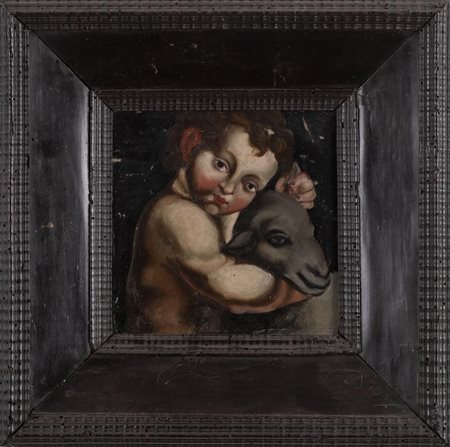 Scuola Italiana del XVII secolo SAN GIOVANNINO olio su vetro, cm 17,5x17,5