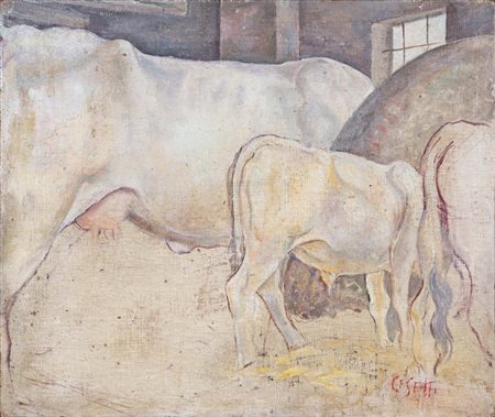 GIUSEPPE CESETTI (Tuscania, 1902 - Viterbo, 1991) La stalla olio su tela...