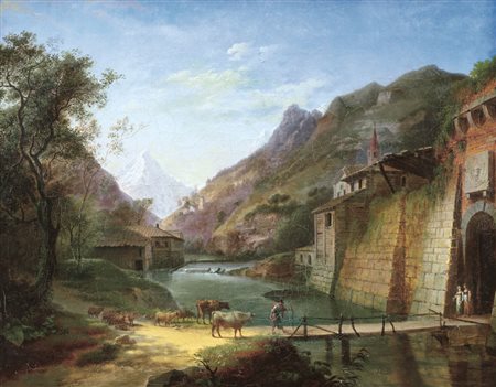 PITTORE DEL XIX SECOLO Paesaggio fluviale con pastori e armentiOlio su tela,...