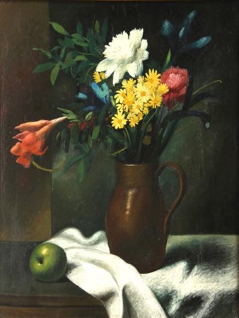 Gregorio SCILTIAN Rostov 1900 - Roma 1985 Vaso in rame con fiori su un tavolo...