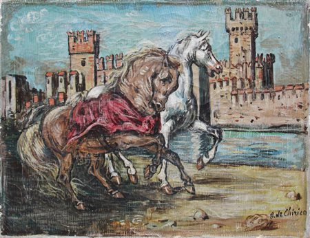 Giorgio DE CHIRICO Volos 1888 - Roma 1978 Cavalli presso un castello,...