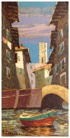 GINO TASSINARI Livorno 1920 – 2001 Livorno vecchia Olio su tela 60 x 30....