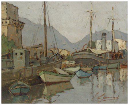 GIOVANNI LOMI Ardenza 1889 – 1969 Darsena di Viareggio Olio su tavola 21,5 x...