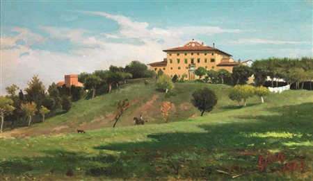 Lorenzo Gelati(Firenze 1824 - 1895)VEDUTA DI VILLA TOSCANA, 1862olio su carta...