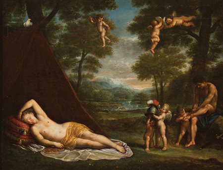 Cerchia di Francesco Albani Marte e Venere con amorini Olio su tavola, cm 61...