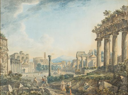 FRANZ KAISERMANN Yverdon 1765 - Roma 1833 Vista del Foro Romano con figure,...