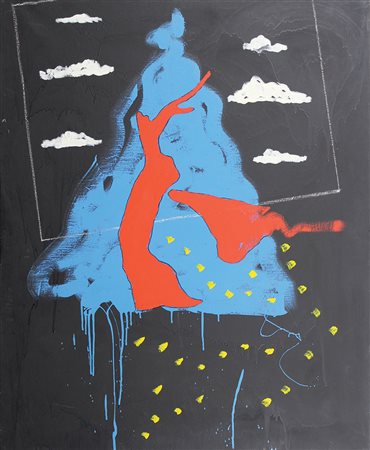 Festa Tano Paesaggio su fondo nero, 1971 smalto su tela, cm. 100x80 firmato,...