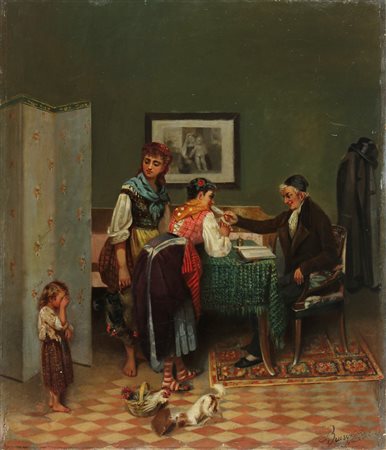 BRUSOMINI NACCARI ACHILLE (1839 - 1906) Scena d' interno. Olio su tela . Cm...