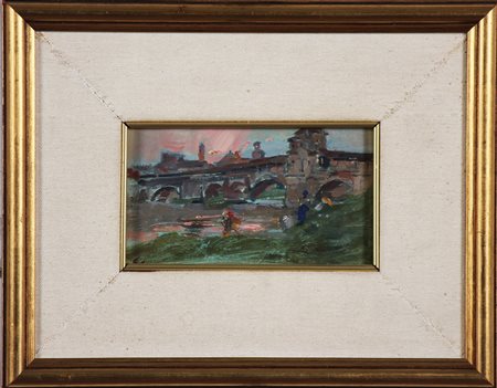ACERBI EZECHIELE (1850 - 1920) Veduta del Ponte vecchio all'alba. Olio su...