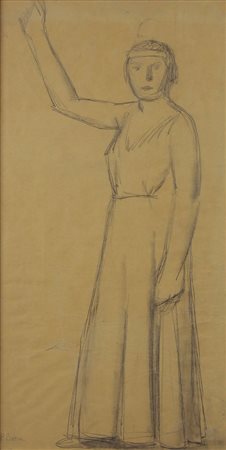 Borra Pompeo Figura Carboncino su carta applicata su tela, cm. 58x31 firmato...