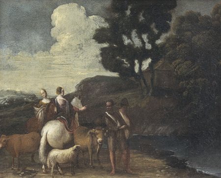 PITTORE DEL XVII SECOLO Paesaggio con sosta di viandanti Olio su tela, cm 45x57.