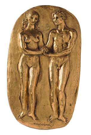 Francesco Messina (1900-1995), La coppia bassorilievo in bronzo dorato, cm...