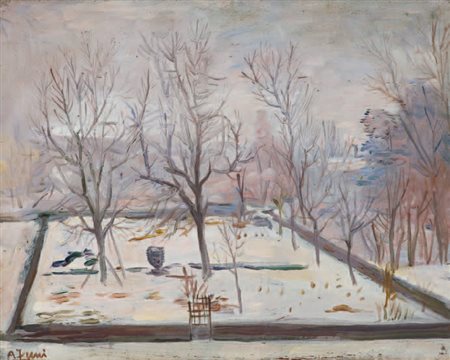 Achille Funi Ferrara 1890 - Appiano 1972 Nevicata olio su tela, cm 32x40....