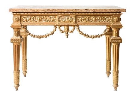 Tavolo da muro console in legno intagliato e dorato ad oro a foglia, con 4...