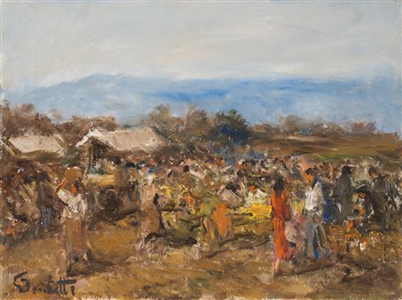 Gaetano Bocchetti (Napoli, 1860 - Napoli, 1949) Mercato olio su tela, cm...