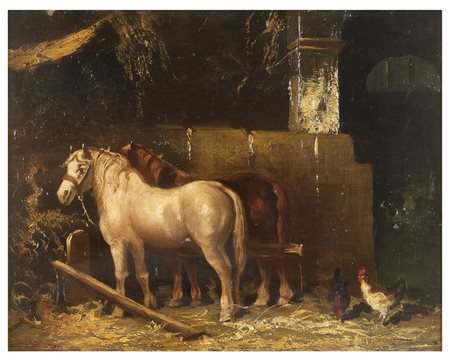 GEORGE MORLAND A.tt.a. Londra 1763 - 1804 Cavalli nella stalla Olio su...