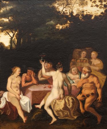 CORNELIS VAN HAARLEM Att.a. Haarlem 1562 - 1638 Baccanale Olio su tavola cm...