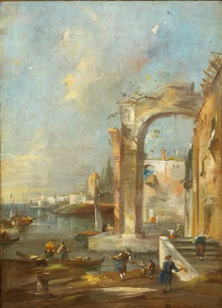 PITTORE VENETO XVIII SECOLO Scorcio di Venezia con figure Olio su tela cm 125...