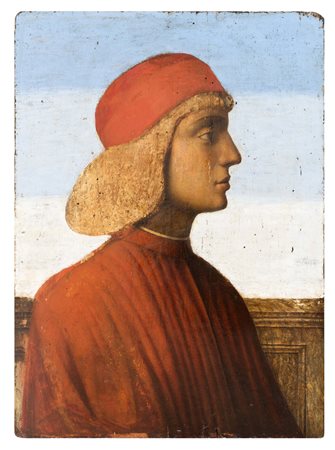 PITTORE ITALIANO XV SECOLO Profilo di uomo con tunica rossa Olio su tavola cm...