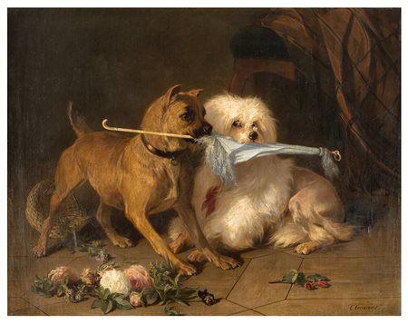 CONRADYN CUNAEUS Dendermonde 1828 - 1895 Nieuwer-Amstel Due cani con ombrello...