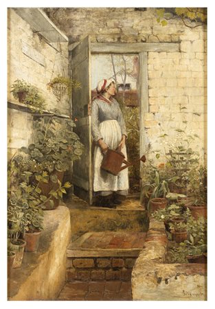 JOHN WHIPPLE America 1823 - 1891 Donna con innaffiatoio Olio su tela cm 66 x...